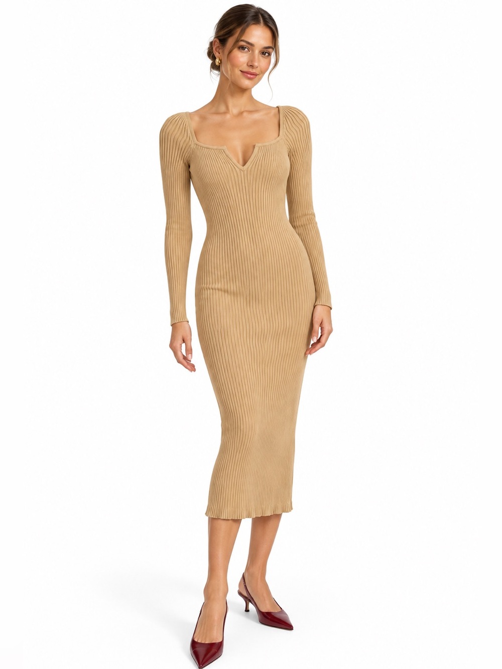 Wayf Camel Ribbed Long-Sleeve Midi Dress size S